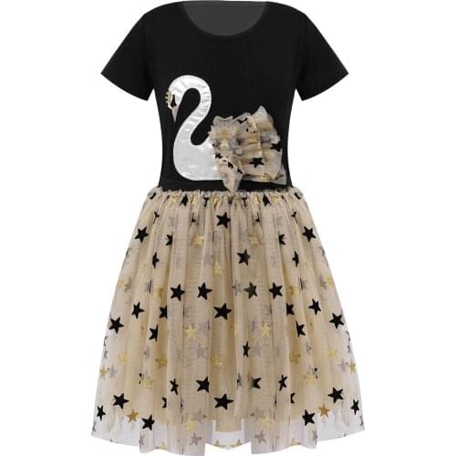 Summer Kids Girls Outfits Short Sleeve Swan Applique T-shirt Tops Glittering Stars Print Mesh Tutu Skirt Baby Girl Clothing Set