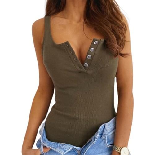 Summer Women Vest Sexy Sleeveless Deep V Neck Buttons Solid Color Slim Blouse T-shirt Streetwear robe femme 2021 Tanks