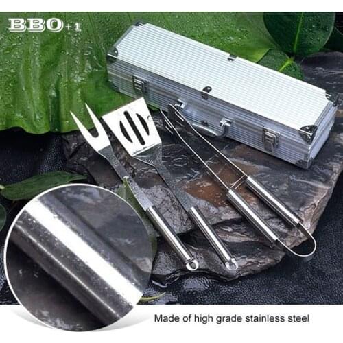 3 pcs Stainless Steel BBQ Set w/ Aluminum Carrying Case Barbecue Grilling Tool BBQ Fork+BBQ Tongs+BBQ Spatula