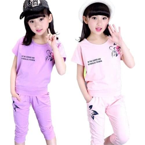 2018 New Girls clothes Sets print pattern Children sports kids clothes suit toddler Short sleeved t shirt+Haren Cropped pants 2p