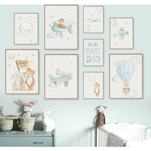 Nordic Poster Elephant Pig Fox Rabbit Moon Airplane Wall Art Canvas Painting Wall Picture Baby Childrens Room Decoration