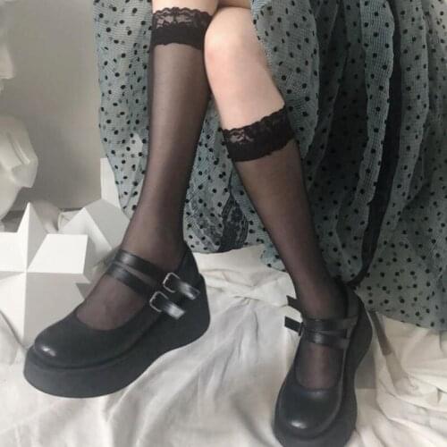 Sexy Lace High Knee Socks Long Sock Women Transparent High Elastic Stocking Black White Lolita Cosplay Princess Soxs Female New