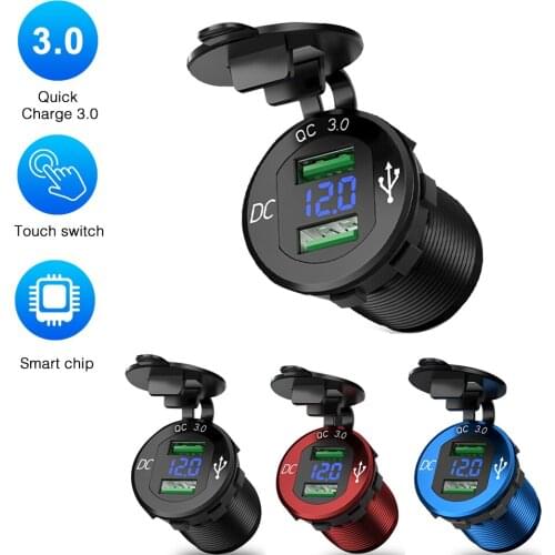 Quick Charge 3.0 Dual USB Charger Socket Outlet Charger Digital Waterproof Voltage Aluminum Display For 12V/24V Car Motorcycle