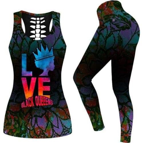 Ladies Summer Wear 2021 Natural Leaf Love 3D Printing Fitness Ladies Yoga Set Hollow Vest Tights Set High Waist Elastic Sports