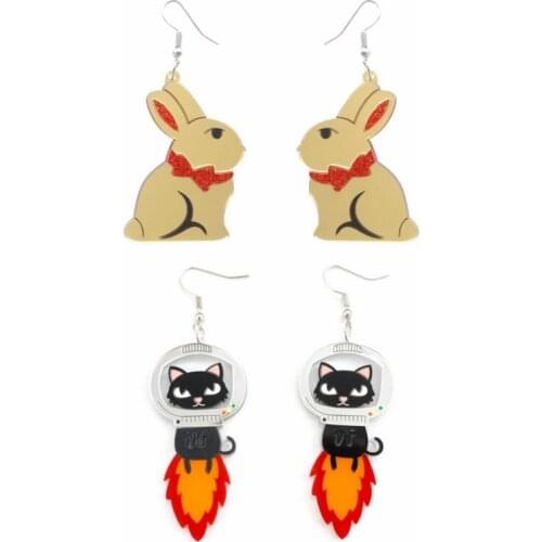 Lovely Gold Mirror Rabbit With Red Bowknot And Rocket Space Black Cat Acrylic Dangle Earrings For Women Cartoon Fashion Jewelry