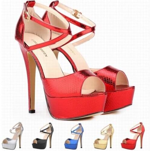 Womens Heeled Sandals Patent Leather Ankle Strap Peep Toe 14CM Thin High heels Buckle Strap waterproof women shoes size 35-42