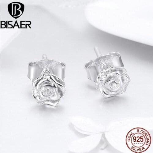 BISAER 925 Sterling Silver Romantic Rose Flower Small Stud Earrings for Women Fashion Flower Shape Earrings Jewelry EFE012