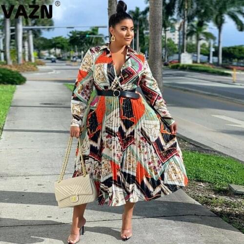 VAZN Hot Georgette Plus Size Vintage Sexy Daily Overalls Fashion Full Sleeve High Waist Women Pleated Maxi Dress