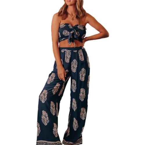 2 Pieces Casual Beach Suit Women Printing Sleeveless Strapless Crop Top+Long Loose Pants Palazzo Summer Female Holiday Outfits