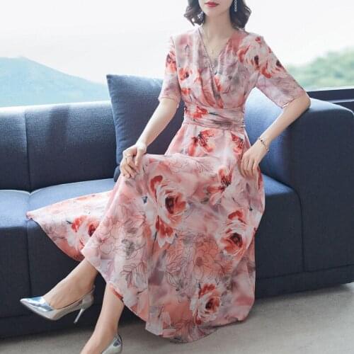 Summer Vintage Pink Floral Real Silk Midi Dresses 2021 Korean 3XL Plus Size Maxi Women Sundress Elegant Bodycon Party Vestidos