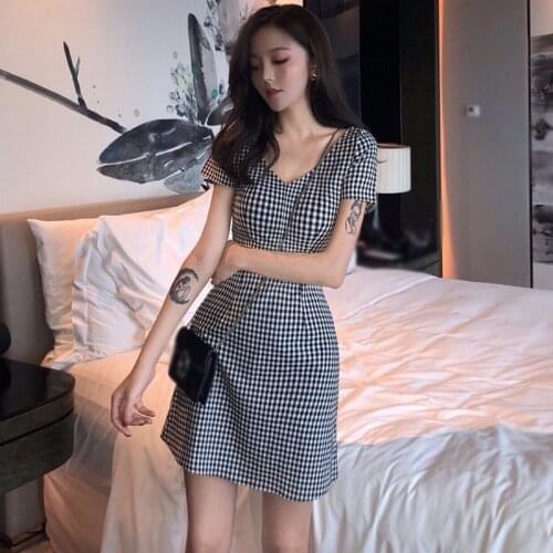 New High Waist Checkered Vintage Dress Women Summer Short Sleeve Plaid Dresses Elegant Party Dresses