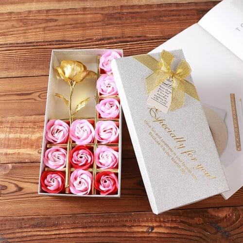1 Box Flower Scented Soap Rose Valentines Day Gift Exquisite Wax Roses foil flower box 13 Roses Heads with 1 Gold Rose Branch