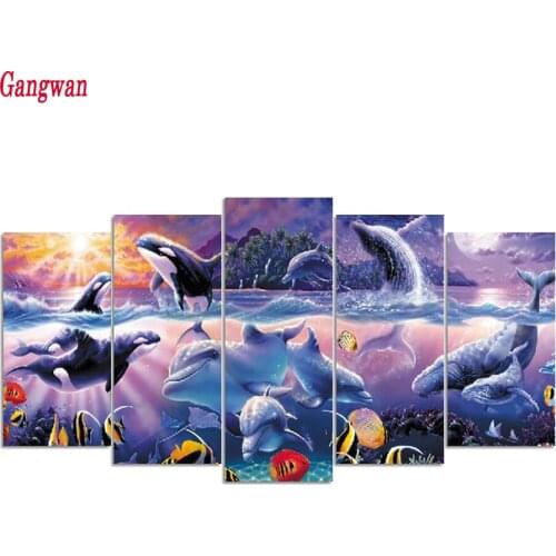 5d square round drill diy Diamond embroidery ocean dolphin landscape 5pcs diamond painting rhinestone mosaic Cross Stitch decor