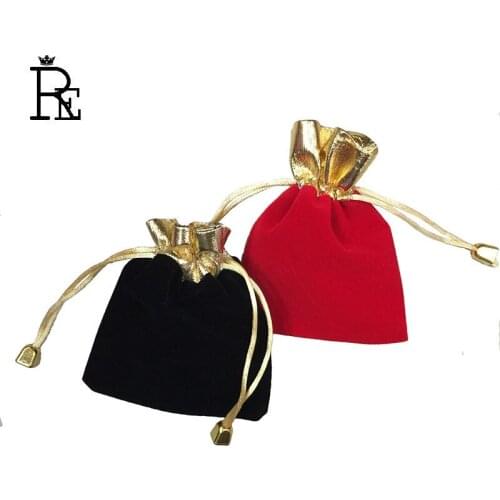 7*9cm Red Flannelette Gold Color Opening Beads Organza Drawstring Pouch Jewelry Packing Bag Storage Christmas Wedding Gift Bag