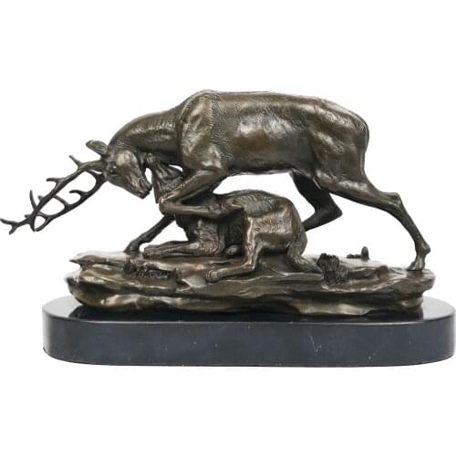 Deer with Child Statue Love Sculpture Bronze Vintage Wildlife Animal Figurine Feng Shui Art Living Room Villa Decor