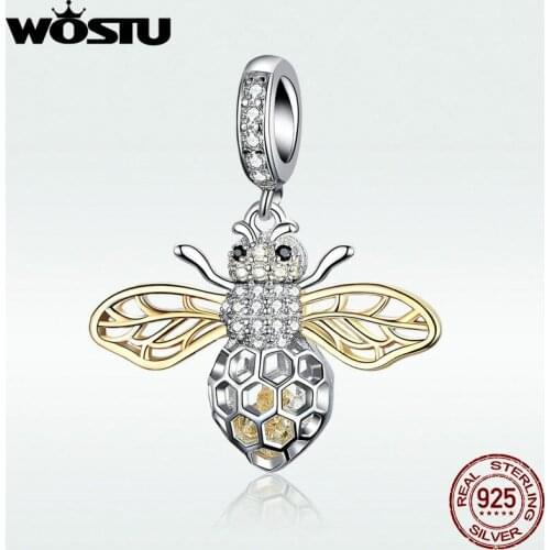 WOSTU Hot Sale 925 Sterling Silver Animal Bee Charms CZ Bead Fit Original Bracelet PenBNnt For Women Lucky Charm Jewelry BKC1125