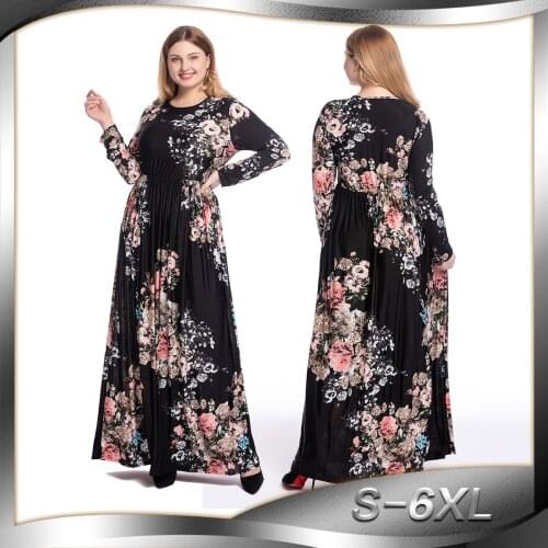 Floral Print Muslim Hijab Dress Women Party Pleated Long Dresses Kaftan Dubai Abaya Clothing Kimono Jubah Robe Plus Size S-6XL