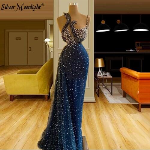 Elegant Navy blue Beaded Sequined Evening Dress Pearls One Shoulder Longue Robes Islamic Turkish Gowns Customized