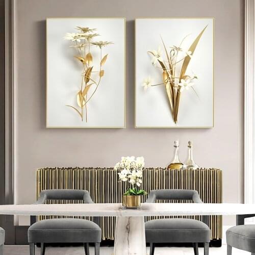 Art Simple Golden Flowers Leaves Nordic Modern Style Posters Canvas Pictures For Living Room Decor Painting Unframed Cuadros