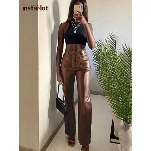 InstaHot Women Faux Leather Straight Pant Trousers Autum Pockets High Waist 2020 Streetwear Office Lady Casual Solid Slim Capris