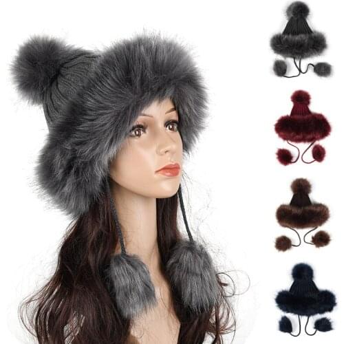 Kagenmo Imitation Fox Pom Hat Faux Leather Straw Hat Female Winter Thick Warm Knitted Furry Ball Hat