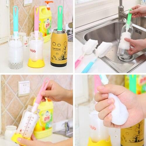 Kitchen Handle Sponge Brush Bottle Baby Cup Glass Washing Cleaning Detachable Cleaner Tool
