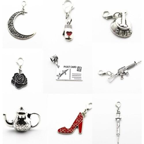 Hot selling 12pcs/lot Silver Alloy postage stamp moon Dangle Charms Lobster Clasp Hanging Charm fit Bracelet&Pendant Necklace