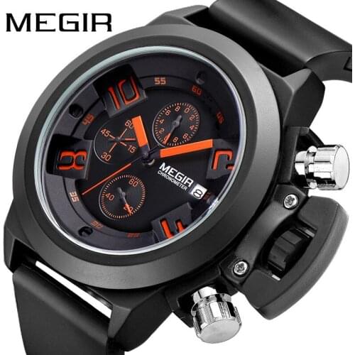 MEGIR Black Watch For Men Fashion Quartz Sports Wristwatch Chronograph Clock Date Watches Silicone Watch Reloj Hombre 2002G