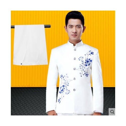 Singer men suit set with pants stand collar mens wedding suits stage slim embroidery formal dress mens groom suit white