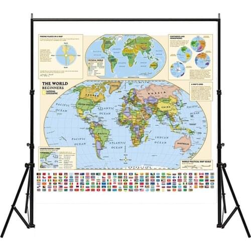 150x150cm Non-woven World Map Suitable For Beginners With Flags And World Political Map Scale