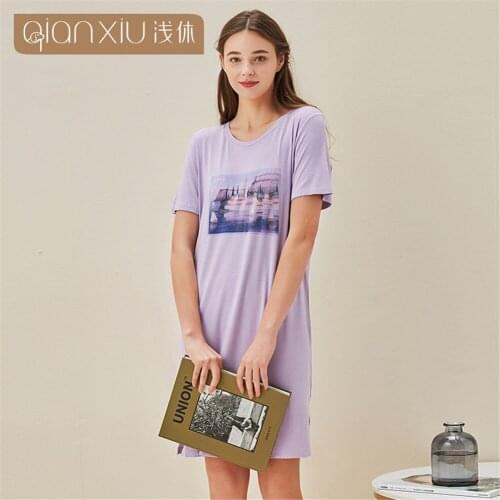 Nightdress Women Bamboo Fiber Soft Printed Sleepwear Breathable Womens Nightgowns Casual Nightie Home Clothes Sleepdress