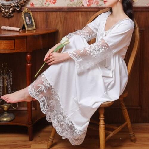 Victorian Long Night Dress Women White Vintage Nightgowns Embroidery Lace Peignoir Autumn Cotton Sleepwear Ladies Home Nightwear
