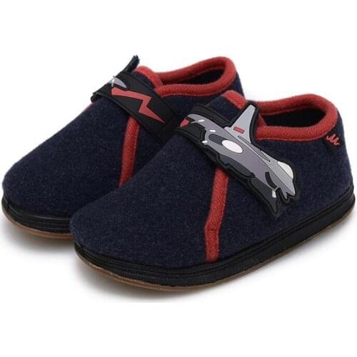 Winter New Boy Cotton Shoes Warm Woolen Navy Blue Cute Cartoon Airplane Velcro Shoes Child Adjustable Shoes