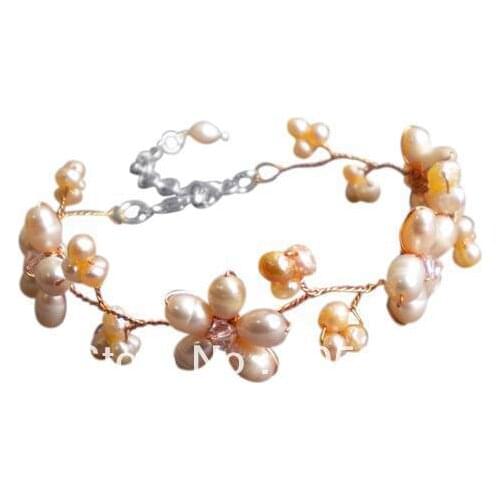 Charming Natural Pink Color Freshwater Pearl & Crystal Beads Bracelet 8'' 4-9mm Fashion Pearl Flower Jewelry New Free Shipping