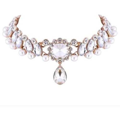 Luxury Crystal Imitation Pearls Choker Necklace For Bridal Elegant Rhinestone Alloy Statement Collar Choker Fashion Jewelry