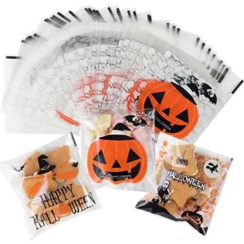 50/100Pcs 10x10cm+3cm Big Pumpkin Witch Print Self-adhesive Plastic Bags Halloween Candy Bag Cookies Packaging Party Supplies