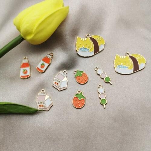 10pcs Enamel Metal Charms Rock Sugar Gourd Sushi Cat Strawberry Charms Pendants Fit Fashion Jewelry Earring Bracelet DIY Dangle