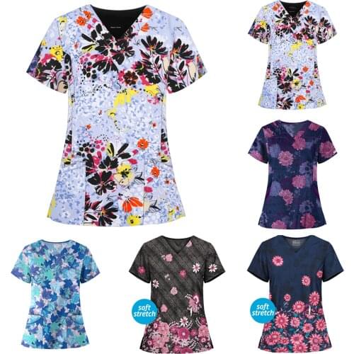 S-2XL Spring Autumn Ladies Short Sleeve V-neck Pocket Workwear Top Flower leaf print новогодние футболки Simple and stylish F4