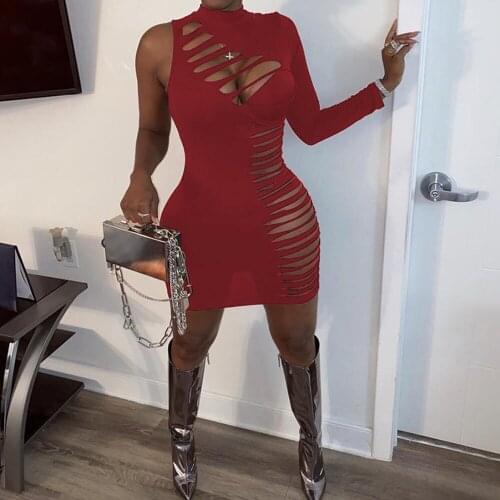 Sexy One Shoulder Long Sleeve Bodycon Party Dresses for Women Hole Hollow Out Clubwear Bandage Mini Dress Vestidos De Fiesta