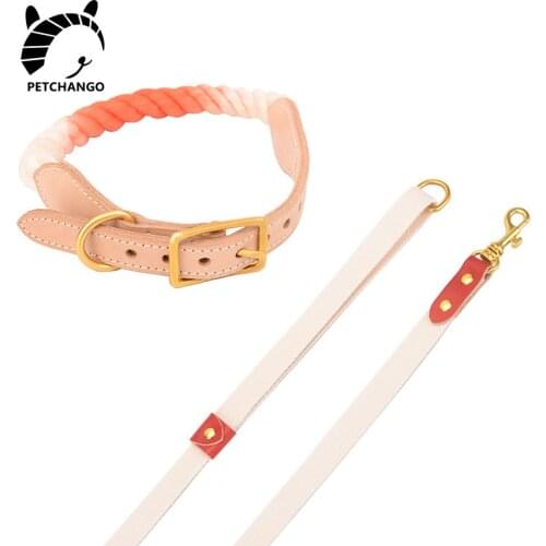 Rope Dog Collar Cotton & Leather Basic Collar Leash Set for Dog Sturdy Extra Comfort Small Medium Large Dogs Pet Dog Accessories