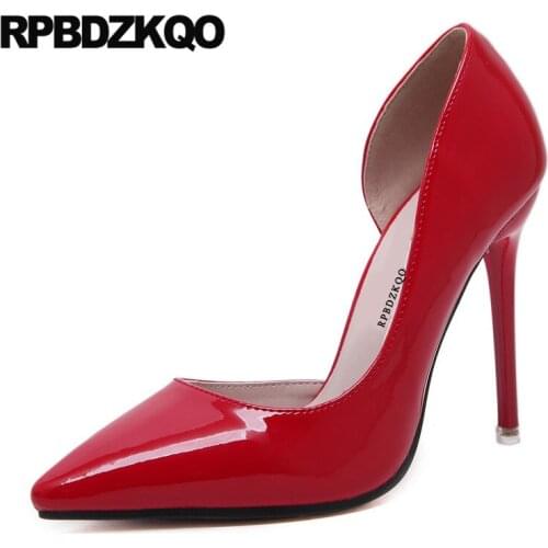 Super Big Size Discount Sexy Cheap Red High Heels Shoes Pumps Patent Leather Ultra Extreme Women Scarpin Black Thin Pointed Toe
