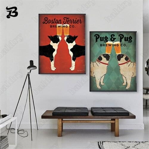Vintage Cat Dog Animals Canvas Painting Pug Black Dogs Wall Art Pictures for Living Room Home Decoration Animals Vintage Decor