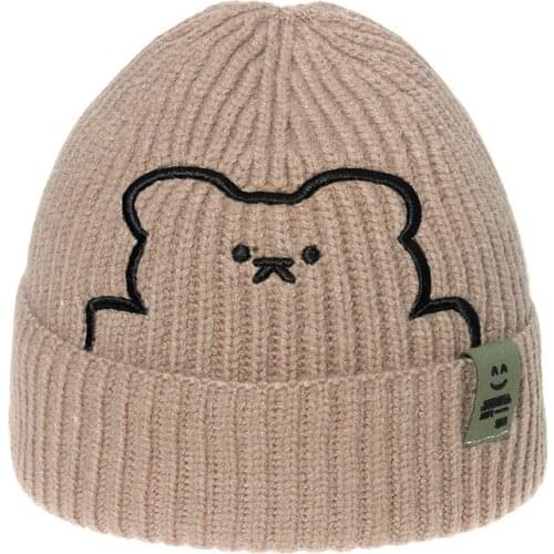 Thickened Knitted Hat Bear Embroidered Pullover Hat Autumn Winter Knitted Hat Blinking Embroidery Womens Warm Hat Women Cap