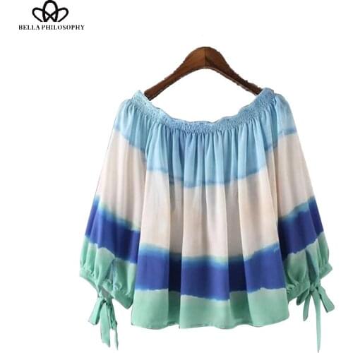 Bella Philosophy summer new womens Chiffon Striped print puff sleeve beach blouse off shoulder chiffon shirt