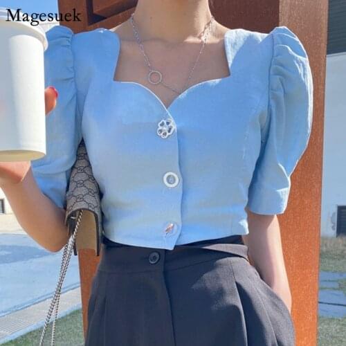 Korean Chic Button Puff Sleeve Woman Shirt Vinatge Square Collar Summer Blouses Women Backless Bow Lady Tops Fashion Blusa 14740