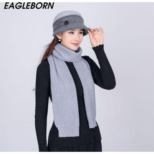 New Winter Mother Granny Hat Elderly Hat Scarf Set Thick Rabbit Fur Knitted Bucket Hat Women Fashion Winter Mom Hat Scarf Set