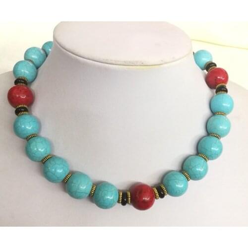 Woman Fashion jewelry 16mm Light blue Round ball red beads handmade Necklace gift 18'' 45cm