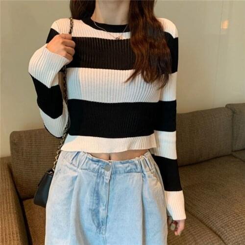 Woman Sweaters 2020 Autumn Sexy Contrast Color Striped Sweater Short Top for Women Femme Chandails Pull Hiver