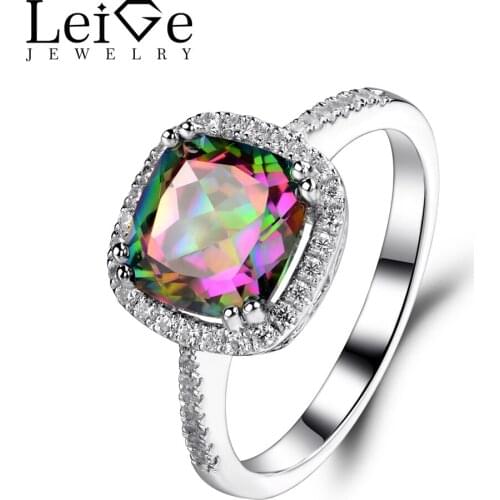 Leige Jewelry Mystic Topaz Ring Halo Rings for Women Wedding Engagement Sterling Silver 925 Fine Jewelry Cushion Cut Gemstone