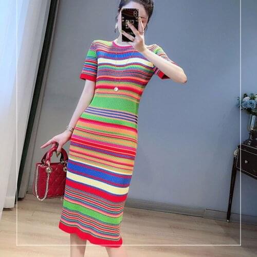 Colorful Striped Bodycon Dress Women Runway Sheath Tight Midi Dress Vestidos Mujer 2021 Short Sleeve Slim Knitted Summer Dress